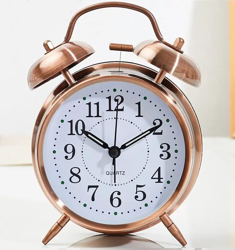 Image of DRONTER Vintage Twin Bell Analog Display Table Alarm Clock with Night LED Light Heavy Slippers Extra Loud Alarm Clock Ideal for Student and Kids Bedroom (Black) (COPPERr), 8x9 Cm