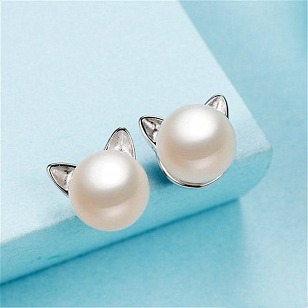 HOMEYU® Cat Ear Stud Earrings Cultured Pearl Stud Earrings Sterling Silver Ear Studs