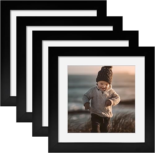 KINLINK Portarretratos negros de 5 x 5, cuadrados con cristal real para fotos de 4 x 4 con paspartú o 5 x 5 sin paspartú, marcos de fotos de madera