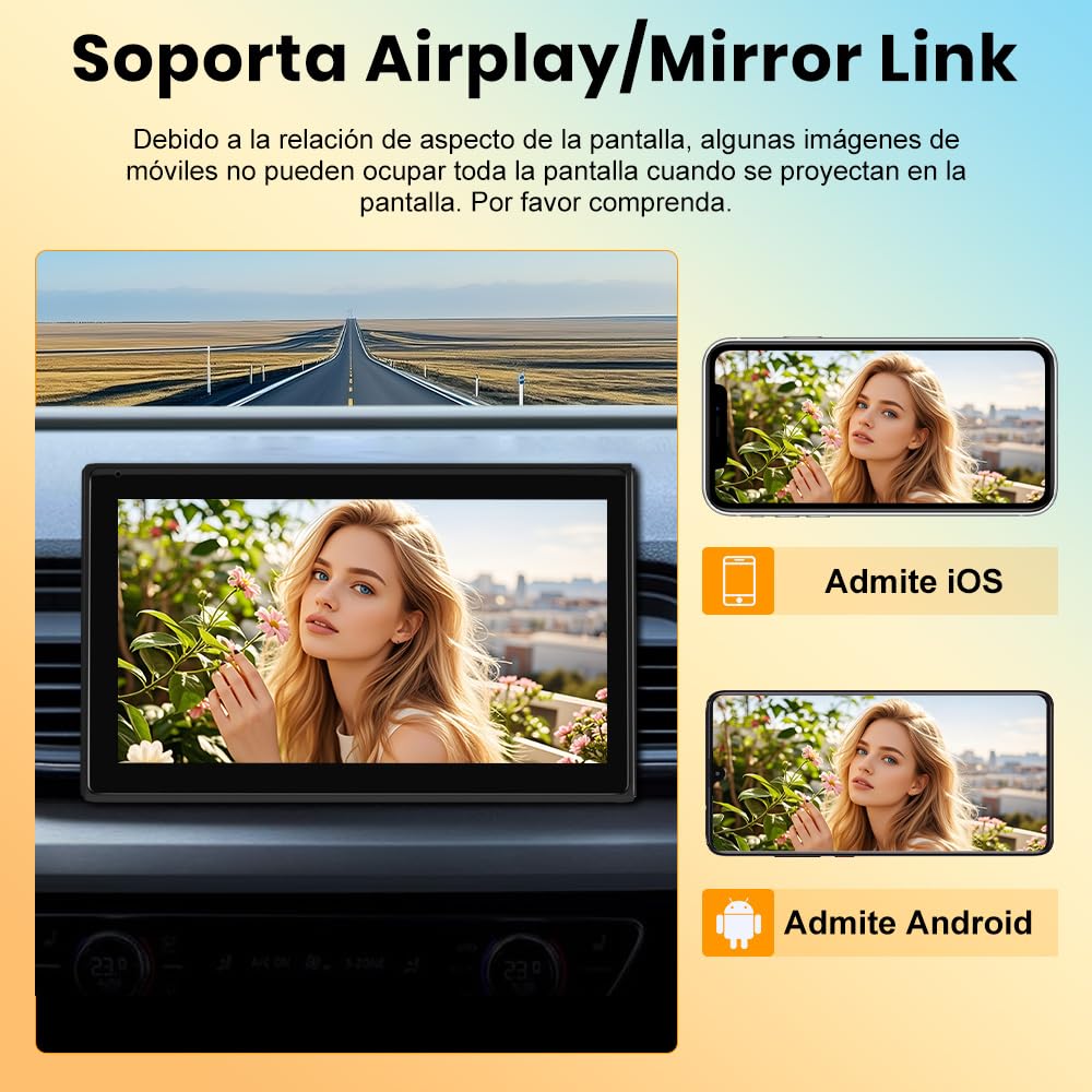 Junsun Pantalla para Coche 7" con CarPlay/Android Auto Inalámbrico, Pantalla Táctil con Soporte Magnético, Bluetooth, MirrorLink, FM y Cámara Trasera
