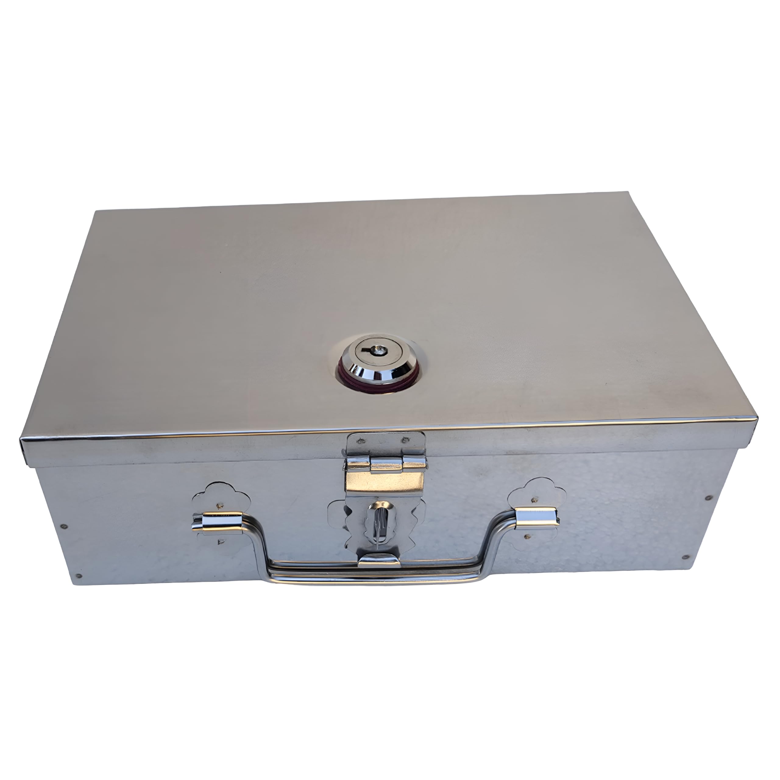 GinoSet Stainless Steel Cash/Jewellery/Coin Storage Rectangular Silver Boxes with Pre-Fitted Lock (10" X 7" X 3")(With Pre fited One Lock & 2 Key) perfect-gift for storage