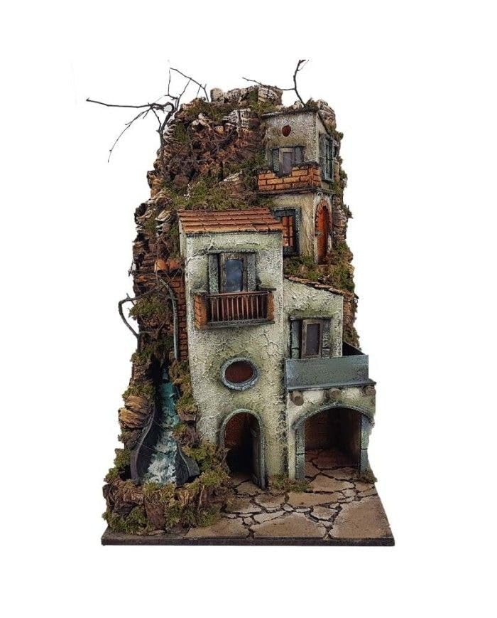 Chianese Presepe Borgo Napoletano Stile '700 con Cascata e Luci LED – Artigianale in Legno e Sughero, Dimensioni 40x40x68 cm, Compatibile con Pastori 10-7-6 cm
