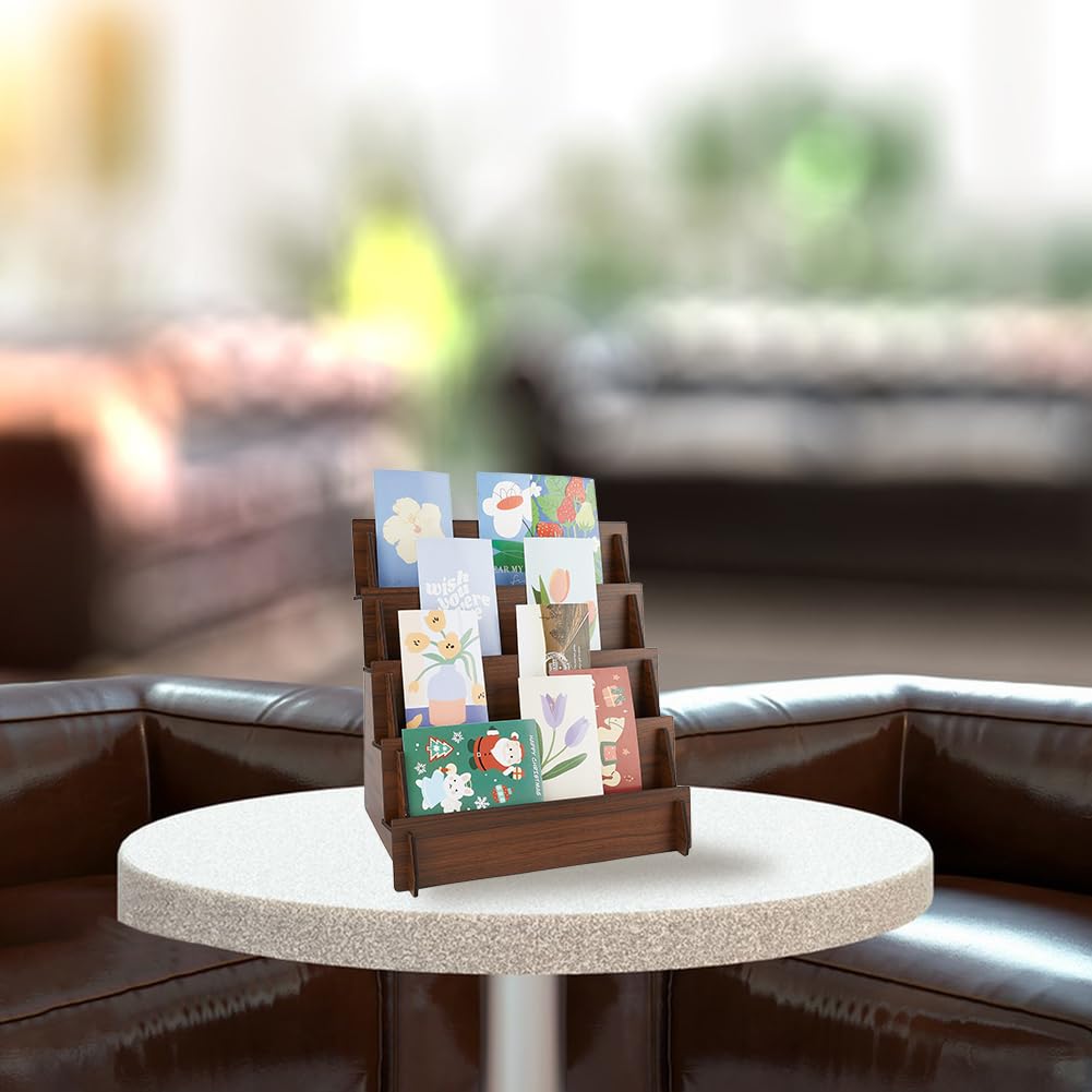 DICOSMETIC Présentoir de Cartes de Vœux en Bois à 4 Niveau avec Support D'Autocollants Présentoir de Cartes de Vœux Support de 4cm Organisateur de Bijoux Porte Boucles d'oreilles Marron