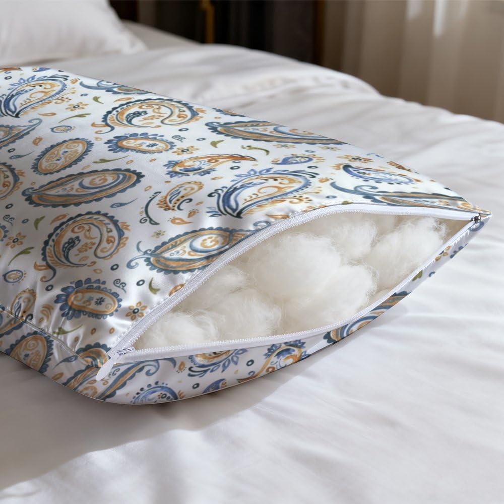 Blue and Orange Paisley Floral Satin Pillowcases with Zipper Cooling Pillow Case, 2 Pack Pillowcases Silk Standard Pillow Case 20×28 inch Decor Pillows Aesthetic Teen Girl Bedroom Decor