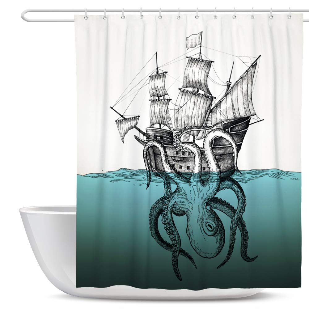 SUMGAR Shower Curtain Nautical Octopus Blue Bathroom Curtains Turquoise Waterproof Washable Cloth Polyester Fabric Wet Room Kraken Cartoon Bath Curtain for Child 180x180 cm with 12 Hooks