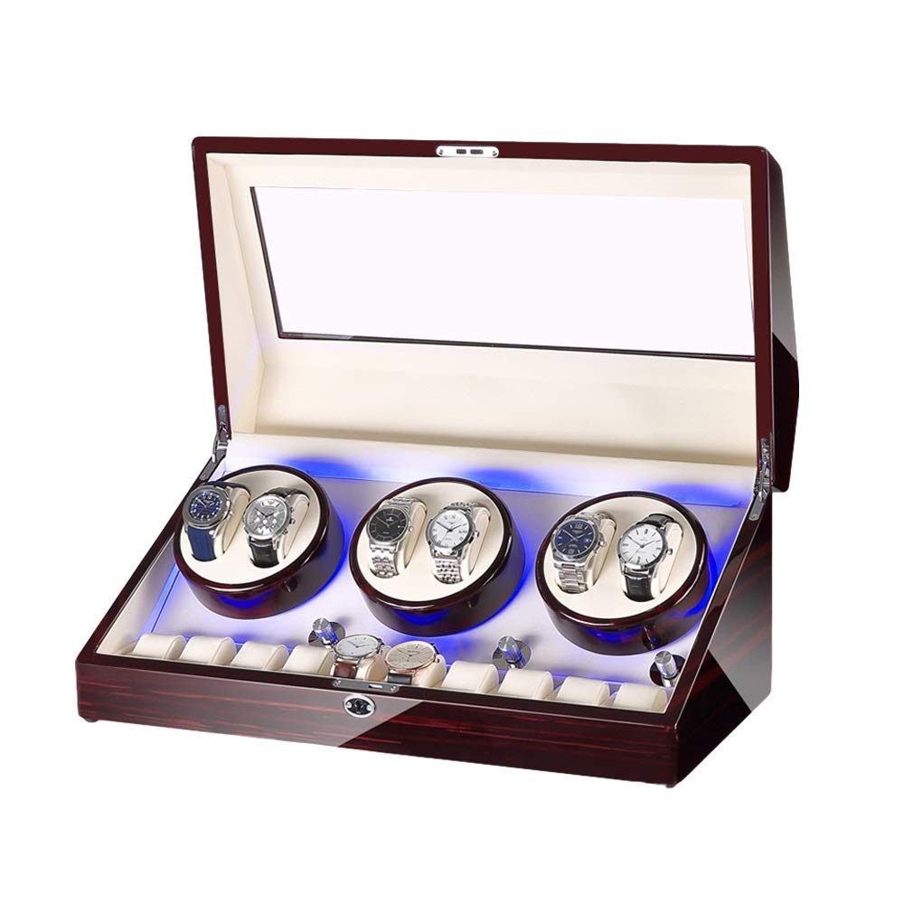 自動巻き時計ボックス 6+10 ピアノ塗装仕上げ 内蔵照明付き 男女兼用 腕時計アクセサリー