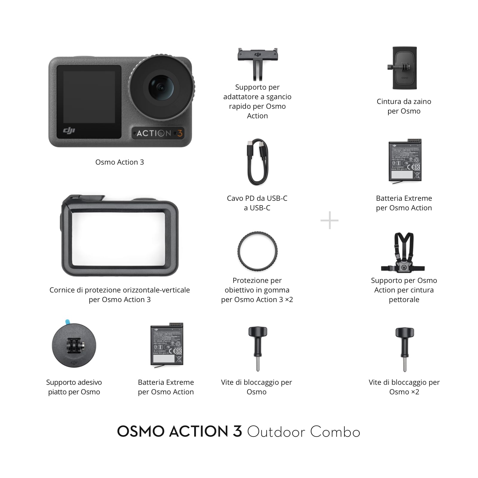DJI Osmo Action 3 Outdoor Combo - Action cam 4K/120 fps con cintura pettorale e da zaino per escursioni e ciclismo, FOV ampissimo, HorizonSteady, resistente al freddo, fino a 320 min con 2 batterie