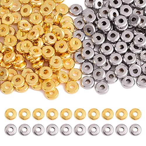 WEWAYSMILE 200 perles d'espacement rondes et plates en laiton 6 mm, à petit trou, en acier inoxydable, pour fabrication bracelets colliers bijoux boucles d'oreilles travaux manuels (doré et argent) Cover