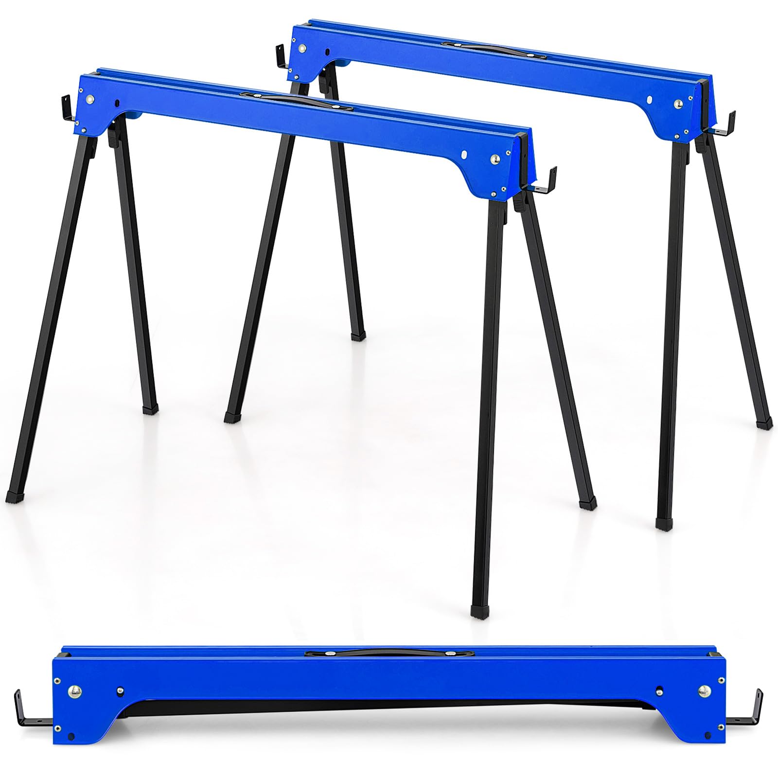 COSTWAY Folding Saw Horse Twin Pack, Heavy Duty Work Bench with 2 x 4 Support Arms & Carry Handle, Fully Assembled Trestle Stands Sawhorse, Max Load 454kg/1000kg (454kg, Blue, Metal, 92x48x74cm)