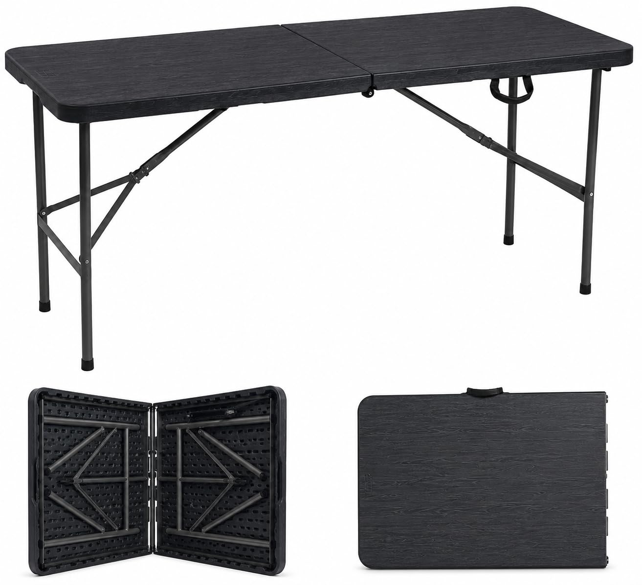ACCURATE 4FT Black Wood Grain Folding Table, Heavy Duty Portable Plastic Fold-in-Half Table with Carry Handle, Indoor Outdoor Utility Table for Parties, Camping, Catering & Events