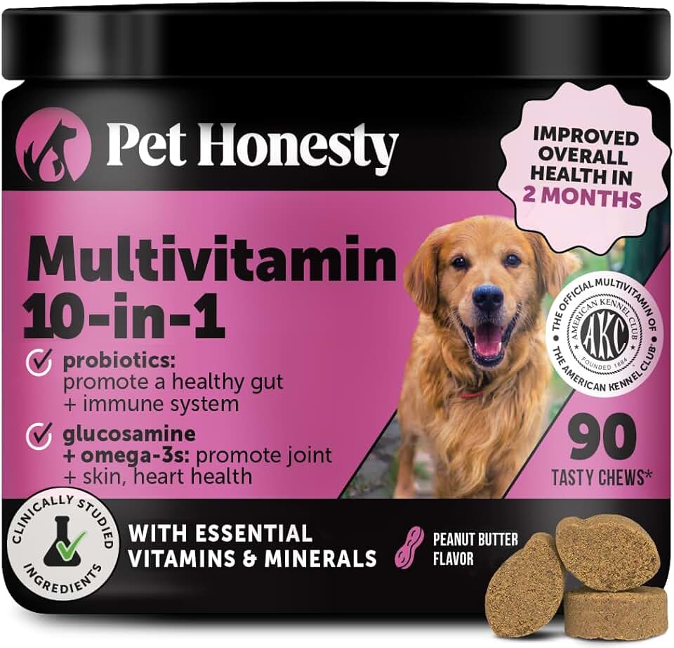 10-in-1 Dog Multivitamin Supplement with Glucosamine &amp; Probiotics - Hip &amp; Joint Support, Digestive Health, Immune Support, Heart &amp; Skin - All-in-One Daily Vitamins &amp; Omega-3s (Peanut Butter, 90 ct)