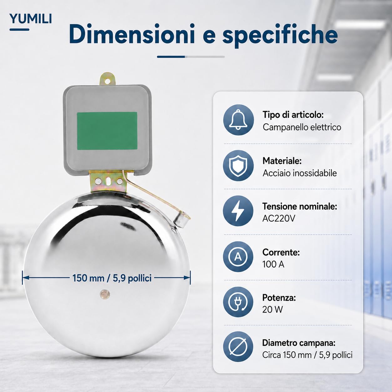 Campanello Elettrico ad Anello Temporizzato, Campanello Elettrico Antiscintilla Tipo a Percussione Esterna in Acciaio Inossidabile Campana Scolastica 150mm AC220V