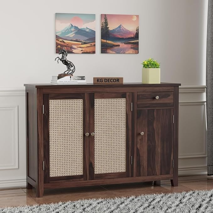 Mid-Century Modern Dresser with Rattan Cane Panels, Sheesham Wood, Natural Finish, 5 Drawers, 45.7 x 39.4 x 115.6 cm (Walnut)-image-46