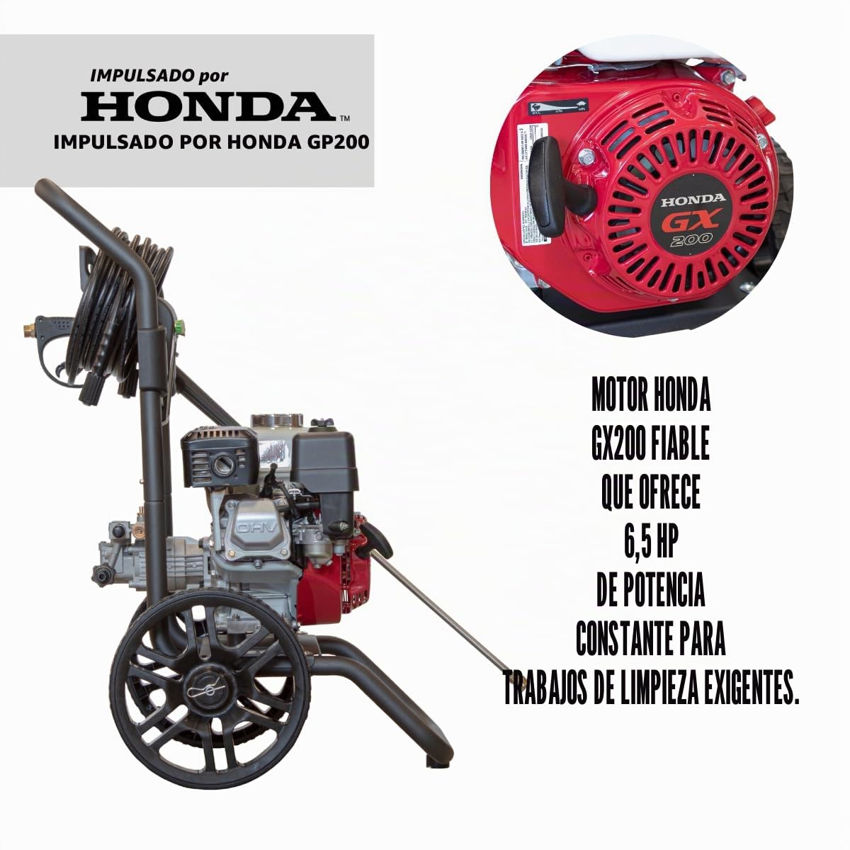 Hidrolimpiadora Gasolina 3200 PSI (220 Bar), Motor Honda GX200 208cc 6.5 HP, Hidrolimpiadora Alta Presión para Coche, Jardín y Patio, 8.5 L/min – Waspper W3200HA