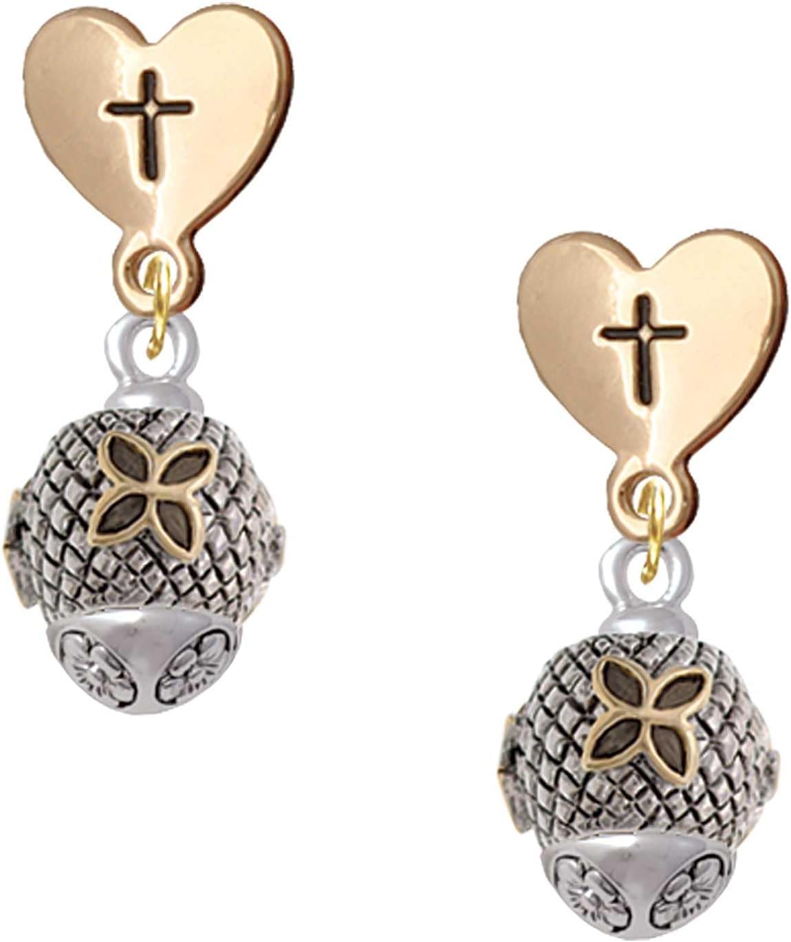 Delight Jewelry Goldtone Flower on Silvertone Hatched Background Spinner Cross in Heart Post Dangle Earrings