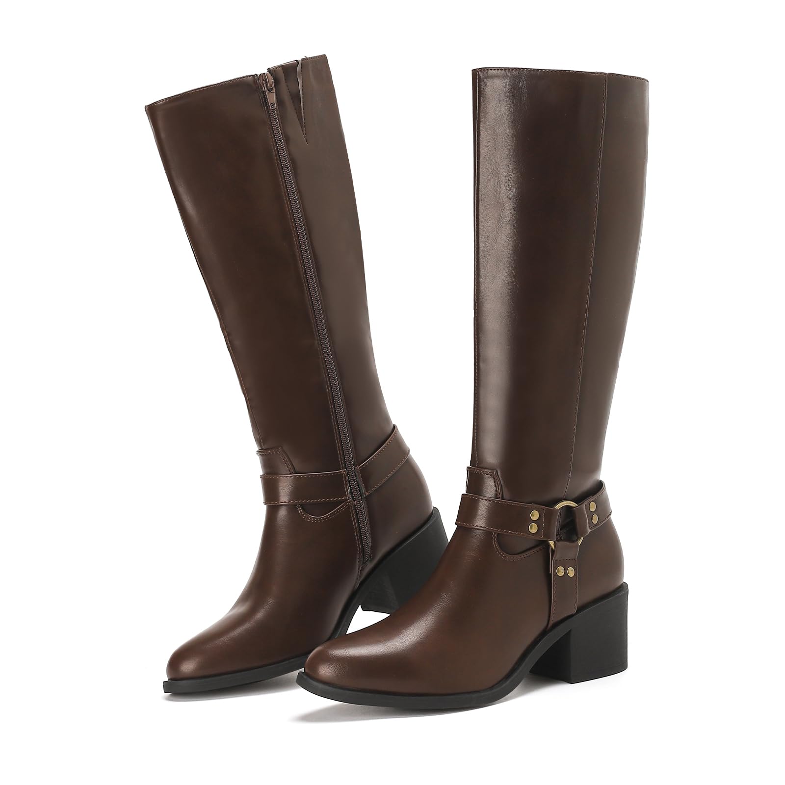 Putu Damen Stiefel mit Plateau Modische Reitstiefel mit weitem Schaft Blockabsatz Reißverschluss Bequeme kniehohe Langschaft Stiefel