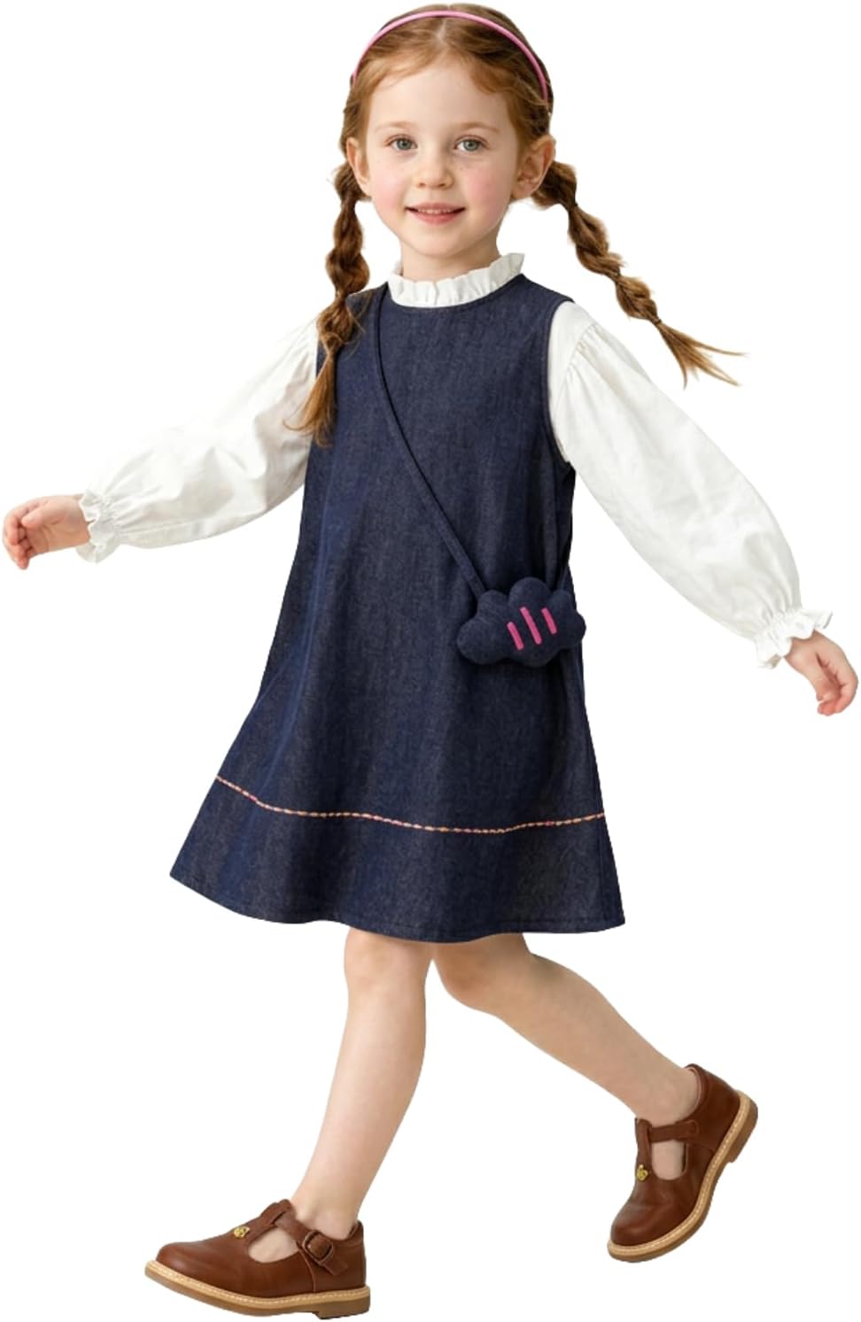 Girls 2-Piece Cotton Set – Ruffle Blouse and Navy Blue A-Line Pinafore Dress for School & Everyday Wear, Ages 2–10