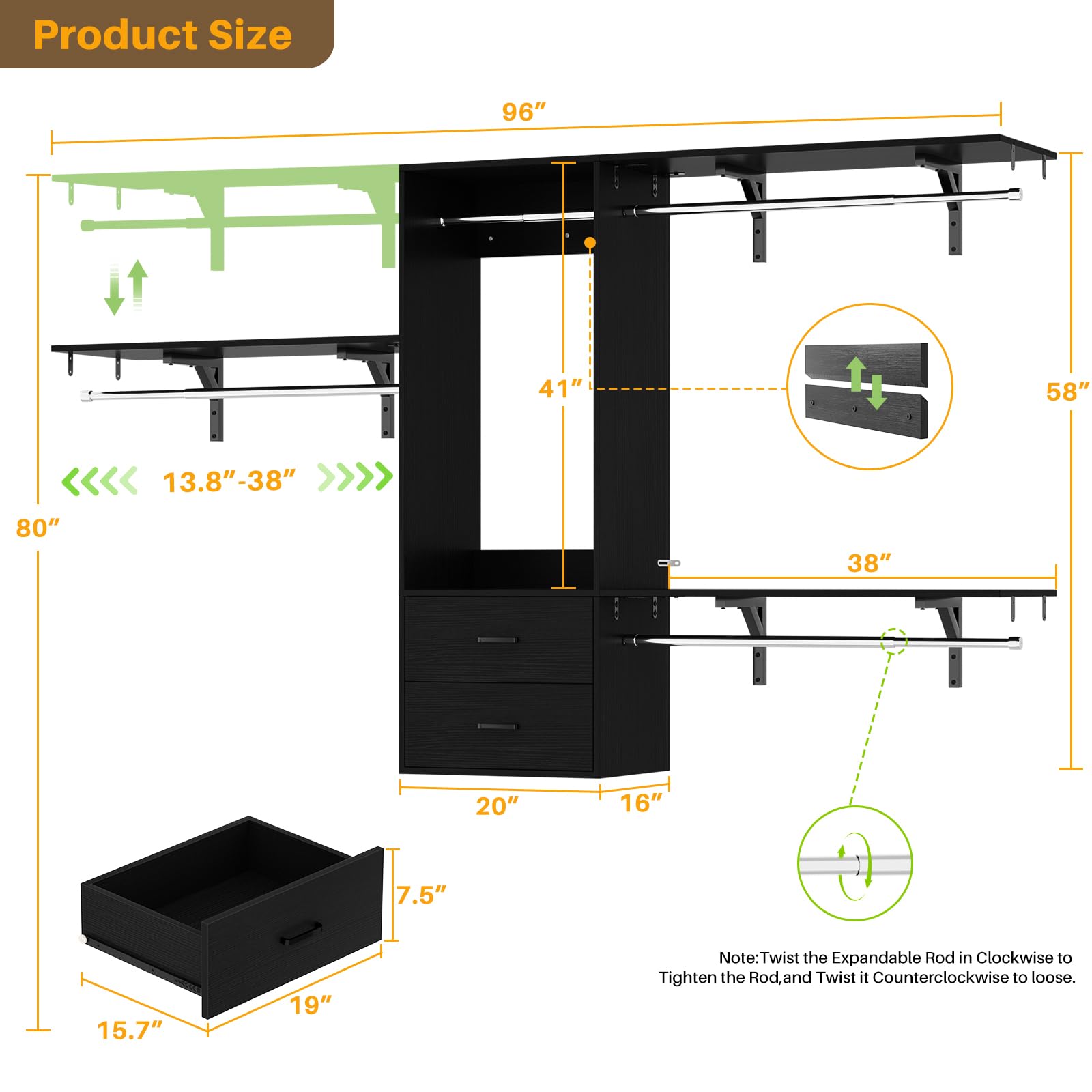iSunirm Closet System, 4-8ft Wood Closet Organizer System with 2 Wooden Drawers, Walk-in Wardrobe Clothes Rack with 4 Hanging Rods, Adjustable Heavy Duty Garment Rack,Black