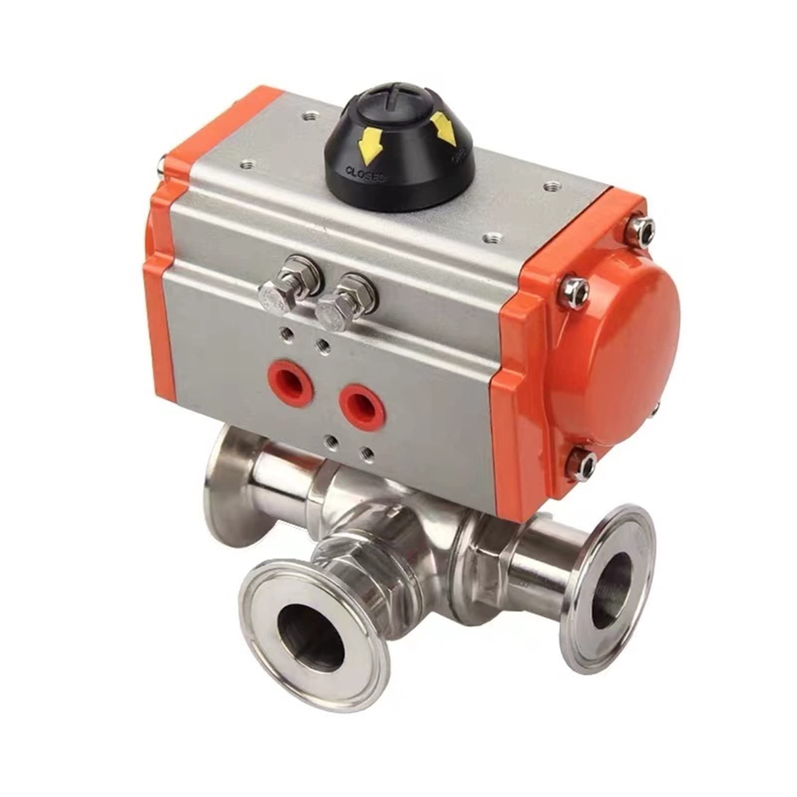 DLTBYWAQZ 25mm 3 Way Stainless Steel Sanitary Tri Clamp Ferrule T/L Type Pneumatic Ball Valve With Double Acting Cylinder 1Pcs(T Type)