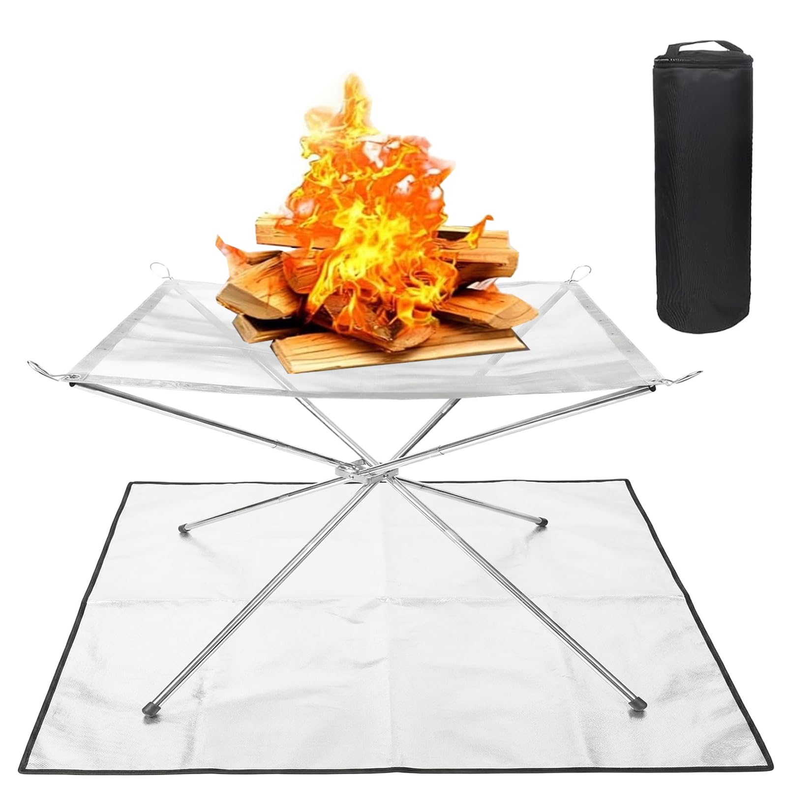 Foyer portable pour l'extérieur, 56 cm, en acier inoxydable, avec tapis de feu et sac de transport, foyer d'extérieur en acier inoxydable pour extérieur, jardin, camping, patio, barbecue