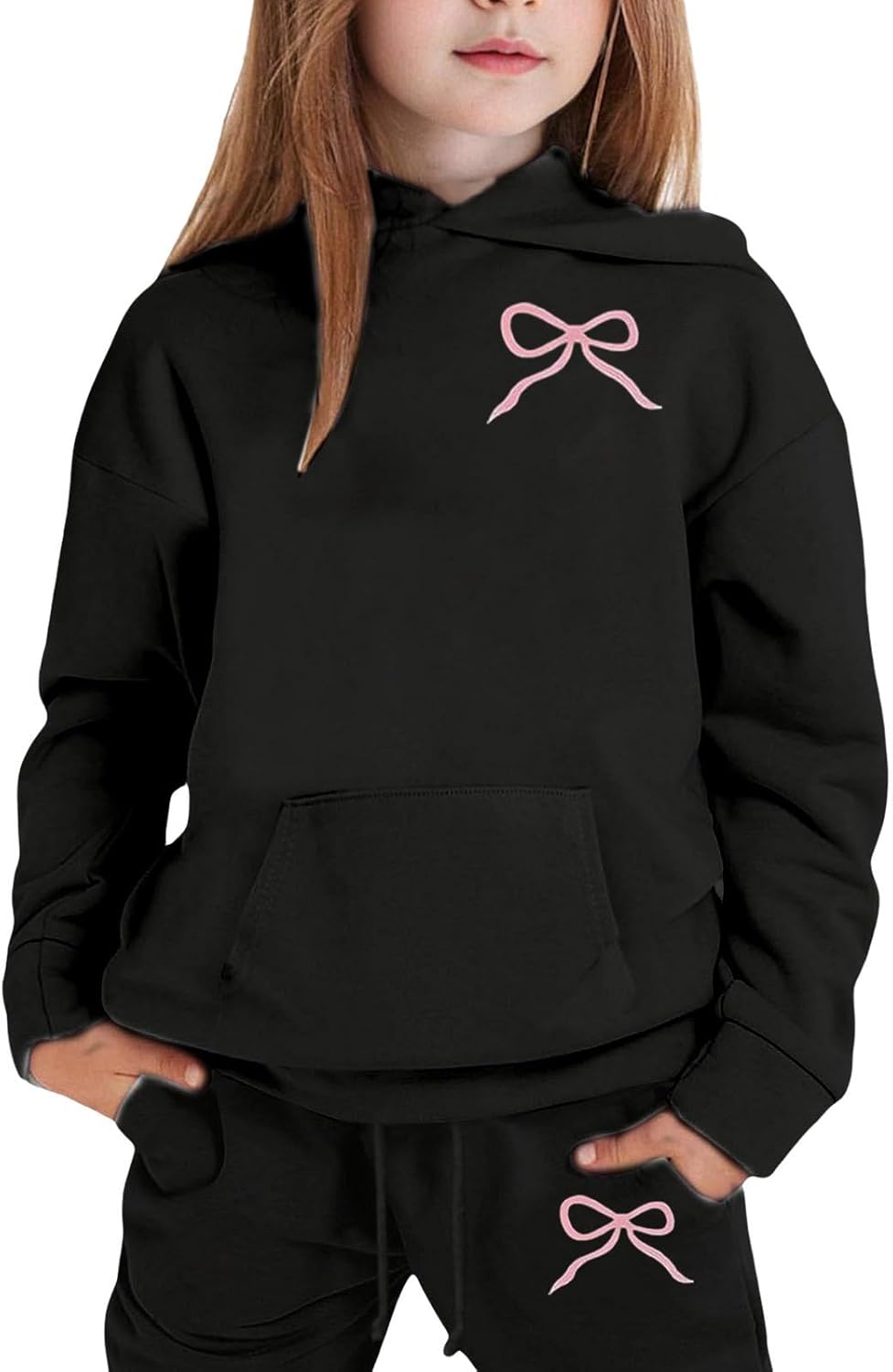 Girls Two Piece Outfits Bow Graphic Print Hoodie Sweatpants Set Oversized Sweatshirt and High Waist Sweatpants Cute Tracksuit - Image 4