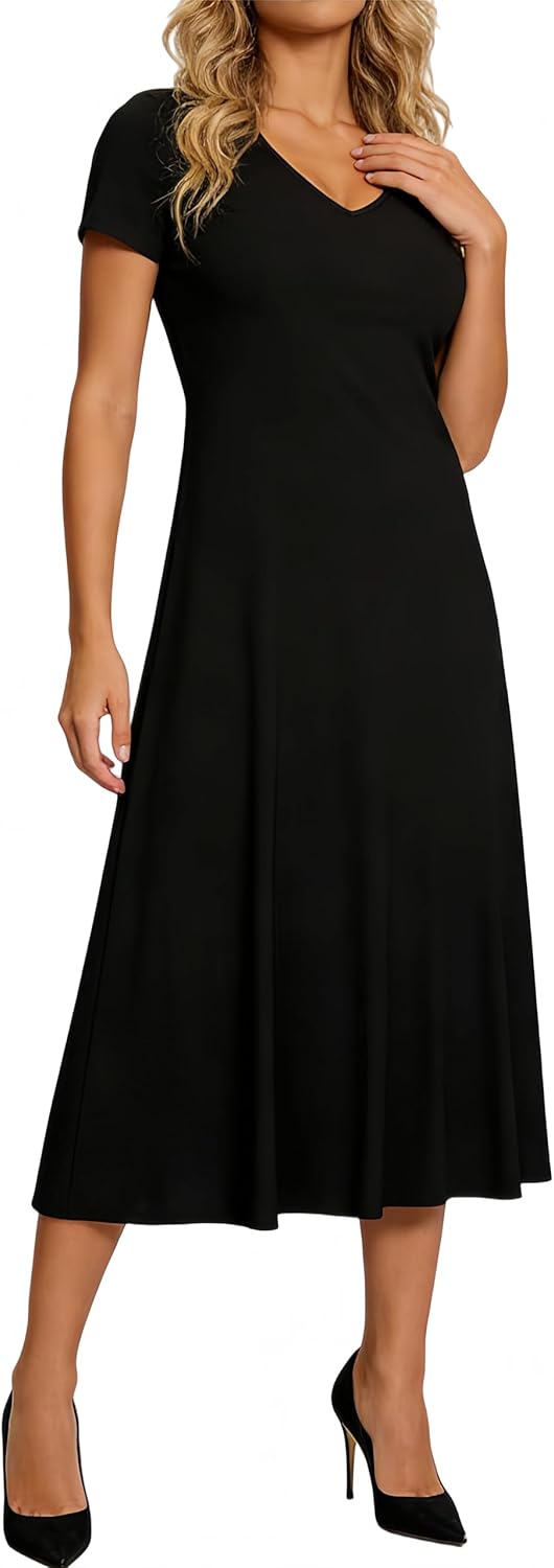 Women's V Neck Nightgown with Pockets Soft Midi Sleep Dress Breathable Cooling Moisture Wicking Loungewear Nightwear