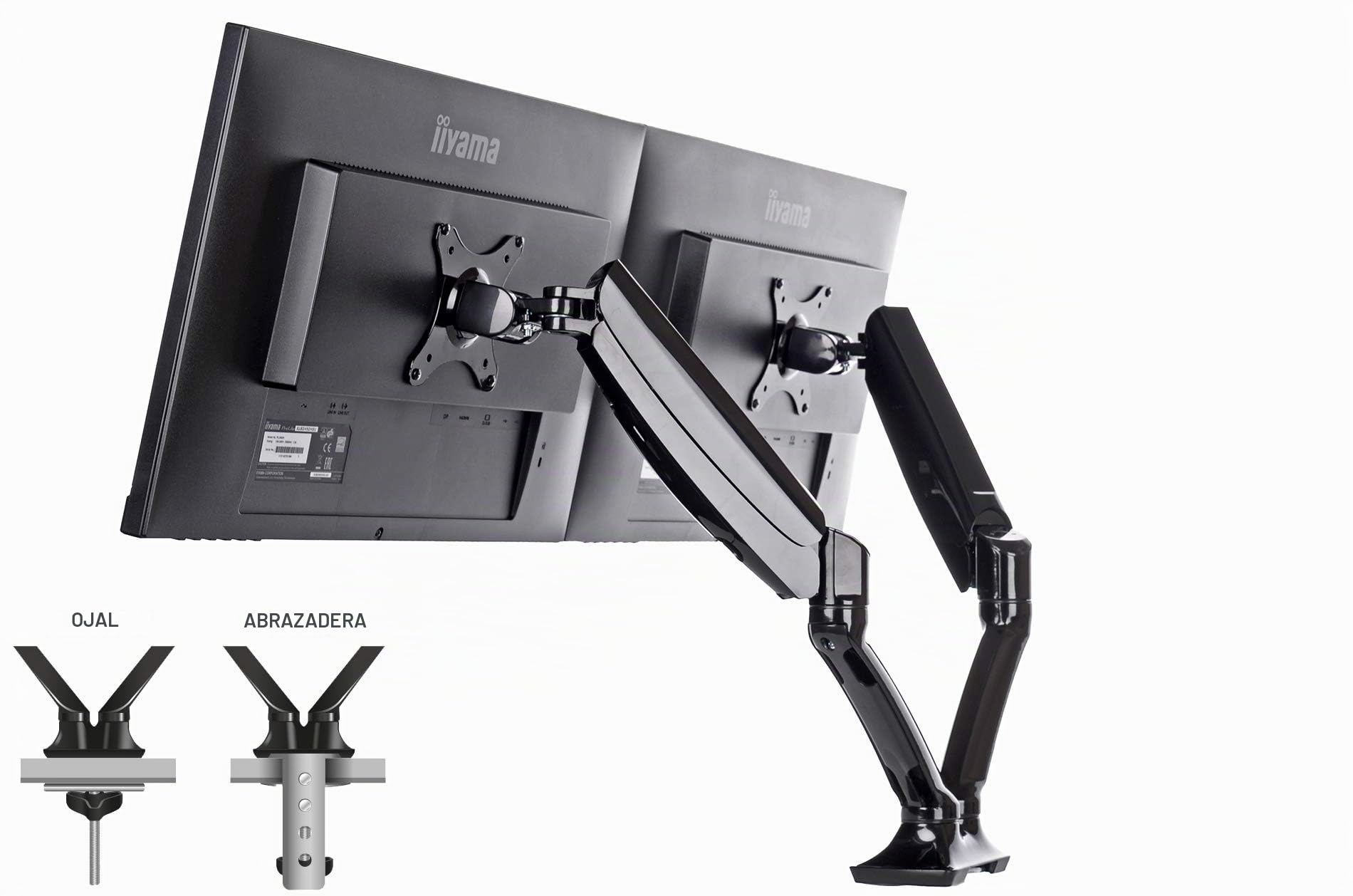 iiyama DS3002C-B1 Soporte de Mesa para doble Monitor de hasta 27 pulgadas (Abrazadera para mesa, brazo articulado con gas y muelle, máximo 5 kg por monitor), Negro