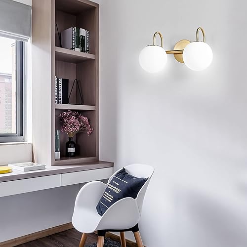 Miniatura 6 de Moderna lámpara de tocador de baño, 2 luces de latón cepillado, pantalla de vidrio blanco leche, lámpara de pared moderna para bar, iluminación