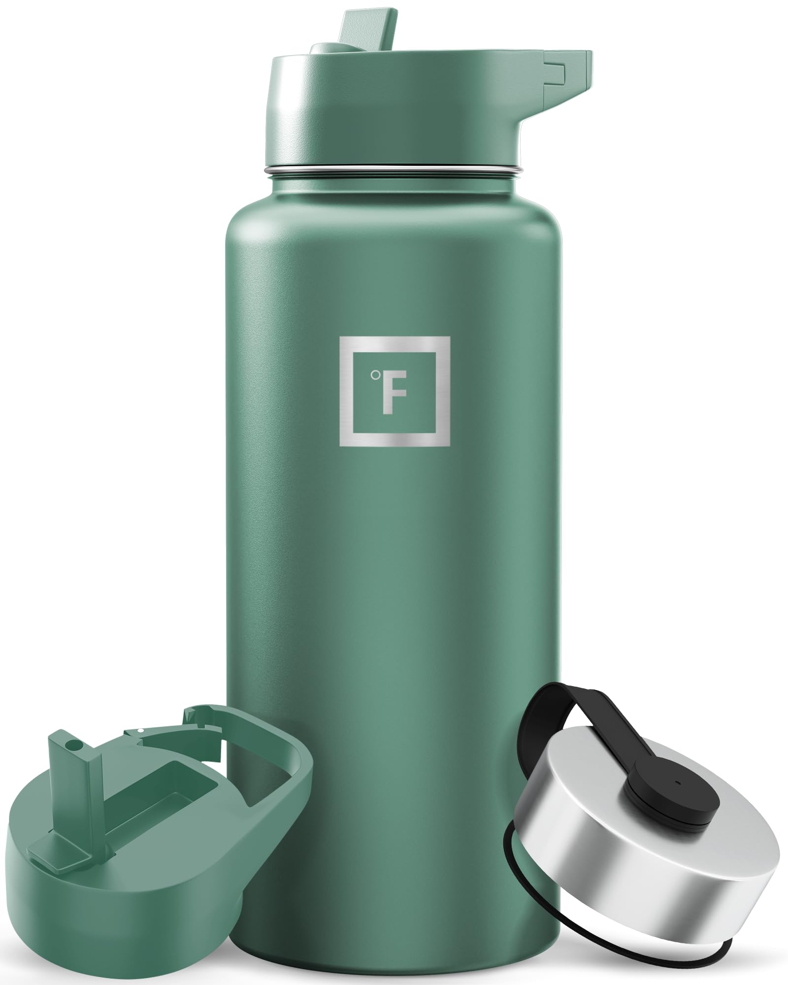 IRON °FLASK Camping & Hiking Hydration Flask with Straw, Wide Mouth Insulated Stainless Steel Sports Water Bottle - 32 oz Sage
