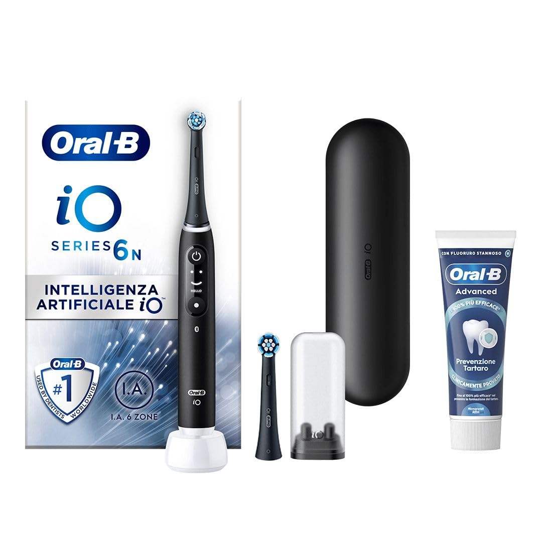Oral-B Spazzolino Elettrico Ricaricabile iO 6N Nero, 1 Spazzolino Elettrico, 2 Testine Di Ricambio, Custodia Da Viaggio + 1 Dentifricio Oral-B Advanced Prevenzione Tartaro, Pulizia Denti