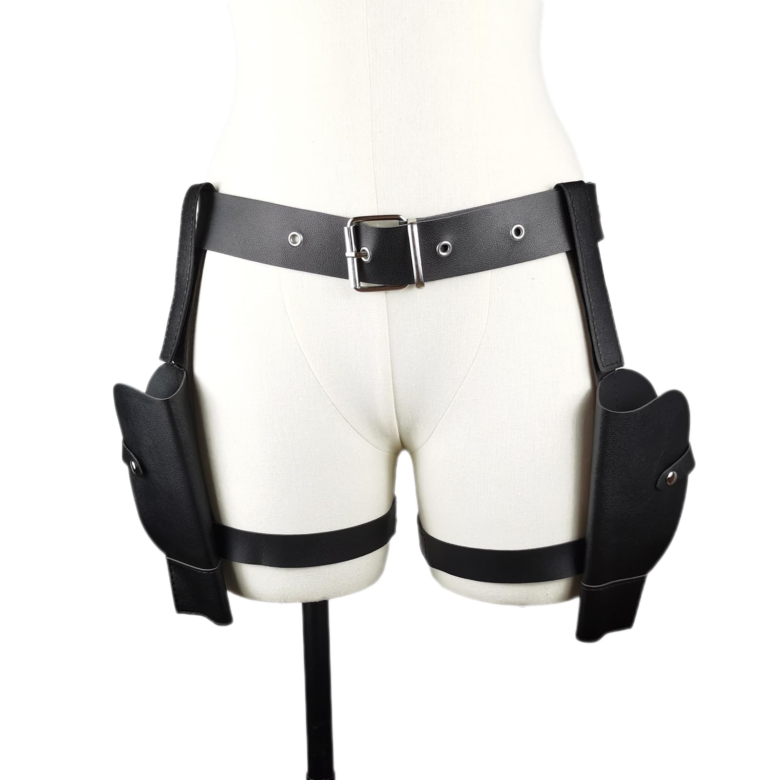 LONTG Twin Thigh Holster Set Adjustable Punk Cosplay Leg Harness Costume Accessory Faux Leather Dual Leg Holster Waist Belt Halloween Party Fancy Dress Outfit Prop