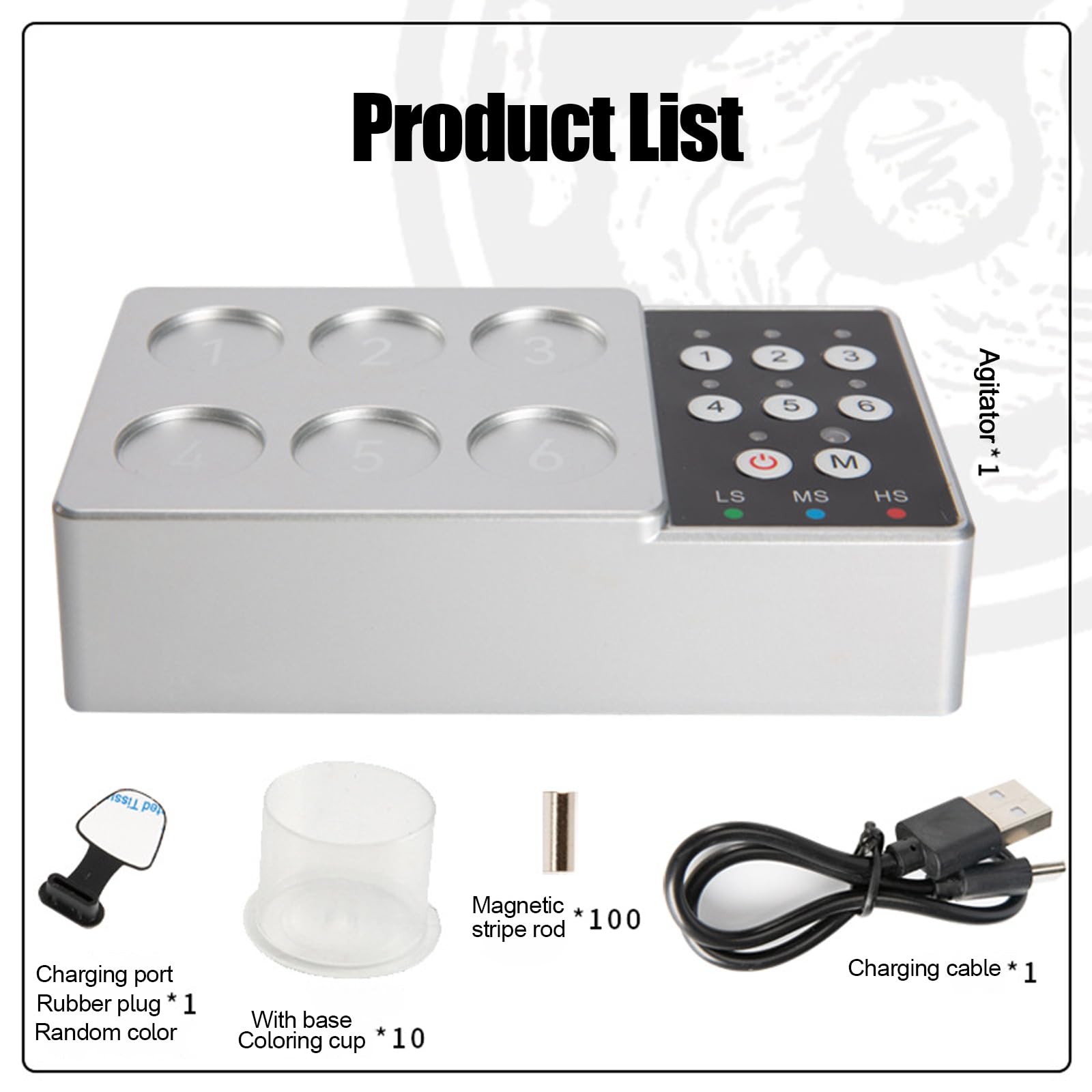 Mélangeur d'encre de tatouage, 2500 mAh, agitateur magnétique, 3 vitesses réglables, mélangeur vortex à 6 trous pour artistes, débutants, laboratoires, salons de manucure
