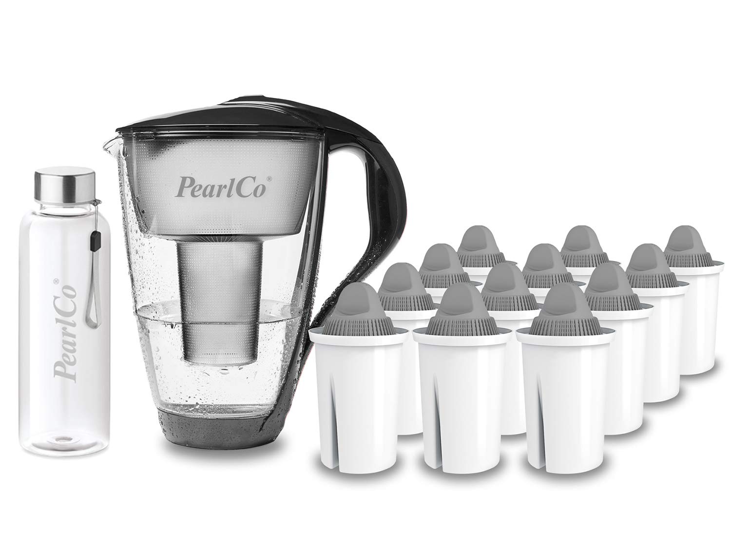 PearlCo - Szklany filtr do wody (antracyt) z 12 wkładami filtrującymi Protect+ Classic (do twardej wody) + 1 butelka na napoje ze szkła