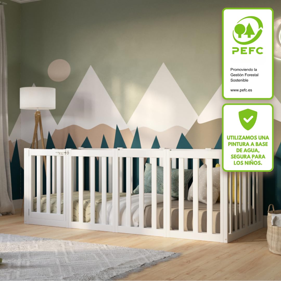 Cama Montessori 190x90 cm - Cama Infantil con Protección contra Caídas 73cm y Barrera Abrible - Camas Infantiles Superficie Lisa niños y niñas - Blanco