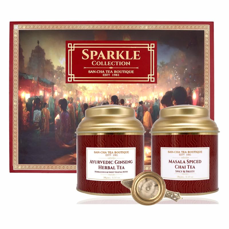 Image of Sancha Tea Boutique Sparkle Collection Diwali Gift Box - Masala Chai & Ginseng Loose Leaf Tea Assortment - Premium Health Gift Hamper