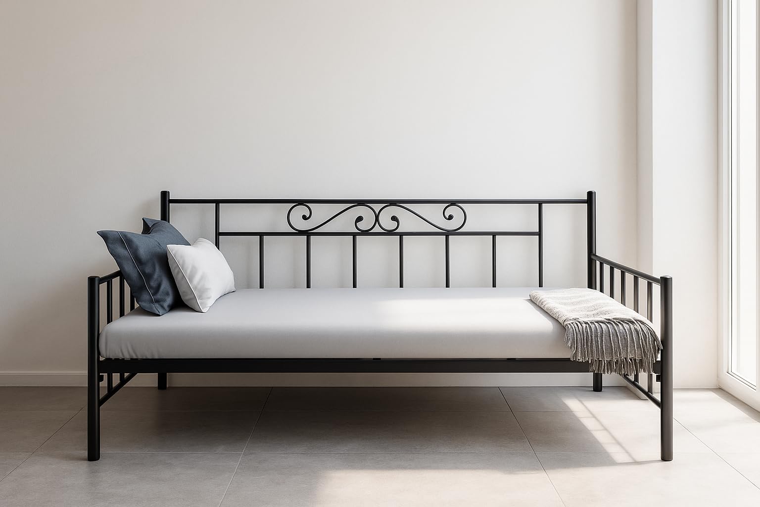 Homdec Prestige Metal Daybed with Mattress – Space-Saving Sofa Bed for Bedroom, Living Room, Balcony & Guests – Ideal for Small Apartments (Black)-image-1