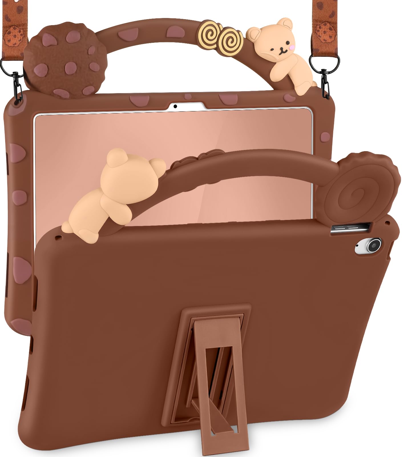 Wazzasoft for iPad A16 Case/10th Generation Case - Soft Silicone Tablet Cover for iPad 11th 11 Inch/10th 10.9 Inch with Stand Funda Girls Women 3D Cartoon Cute Brown Bear with Handle & Strap