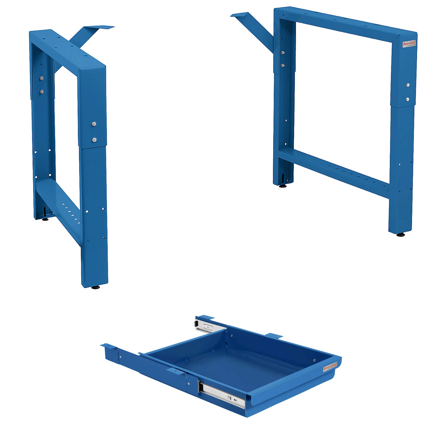 Garage Workbench Table Frame 20" Depth - Height Adjustable 29" to 35" - 2" High Drawer Kit - Blue