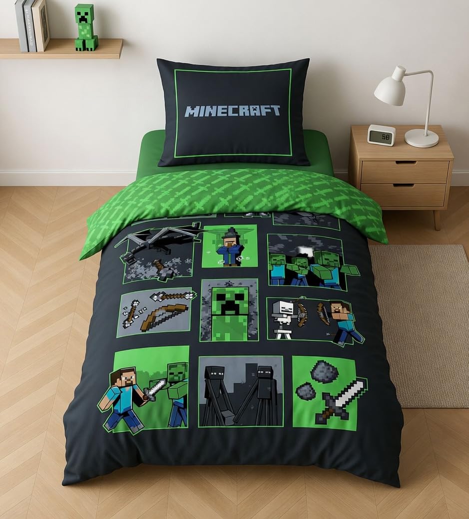 Jay Franco Parure de Lit Minecraft Survival Mode, 100% Coton, Housse de Couette 140x200 cm + Taie d'oreiller 65x65 cm | Parure de lit réversible 1 personne | Coton naturel respirant | Licence officielle | Enfant | Cadeau | Lavable en machine