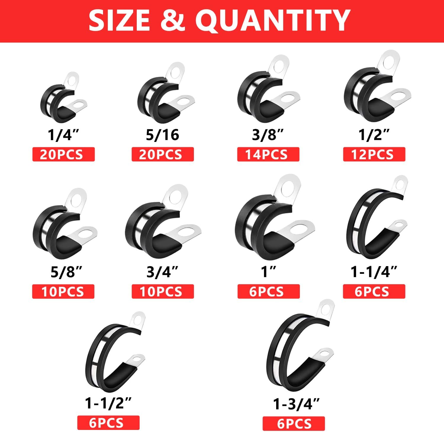 Newdeli 110Pcs Cable Clamps Assortment Kit 10 Sizes 1/4" 5/16" 3/8" 1/2" 5/8" 3/4" 1" 1-1/4" 1-1/2" 1-3/4" Stainless Steel Cable Clamp Rubber Cushioned Hose Clamp Insulated Automotive Wire Pipe Clamps