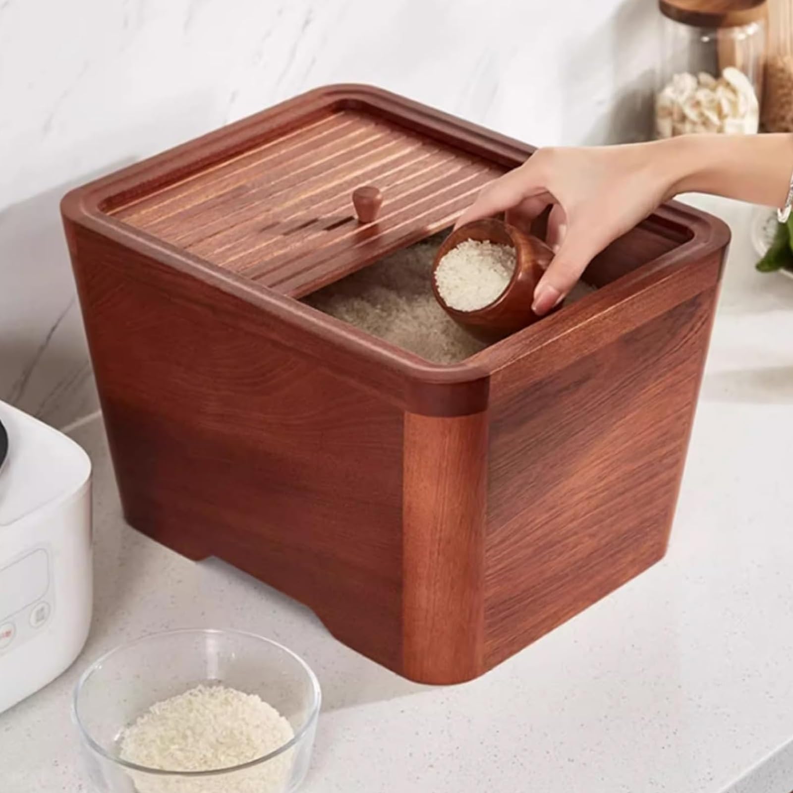 Reisbehälter aus Holz mit Deckel, Küche Versiegelter Getreidespender, Reiseimer Lebensmittel Luftdicht Vorratsdose, Holz Reisbehälter, für Müsli, Mehl, Zucker, Kaffee, Snacks, Tiernahrung