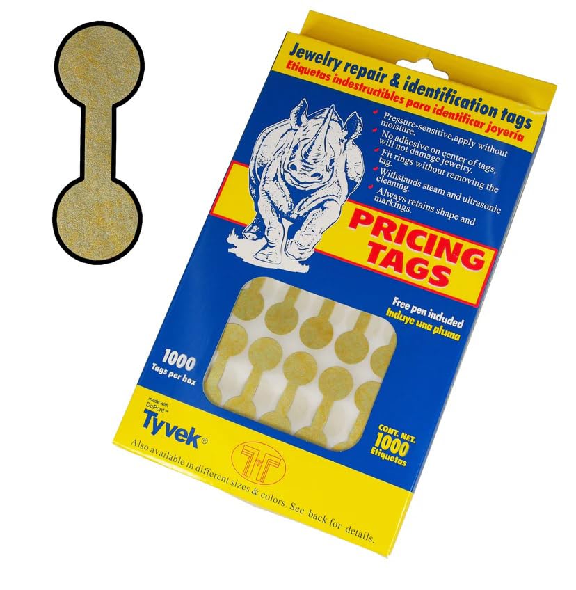 Rhino Professional Jewelry Repair and Identification Pricing Tags, 1000 Count Dumbbell Labels with Free Pen, Pressure-Sensitive Application, Steam and Ultrasonic Cleaning Resistant (Gold)