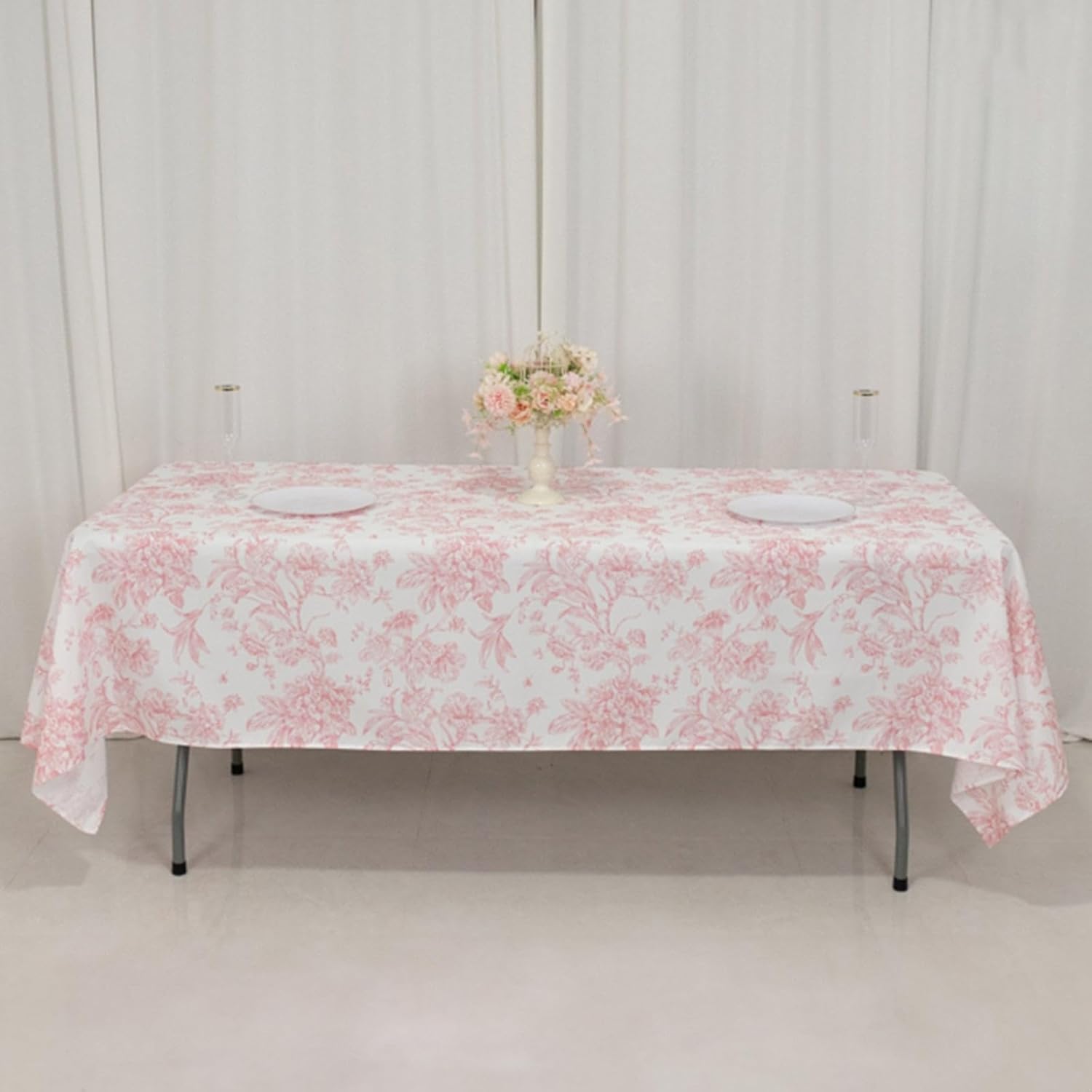 Efavormart Polyester Rectangular Tablecloth 60"x102" White with Pink French Toile Pattern - Sophisticated Table Cover for Chic Weddings & Events