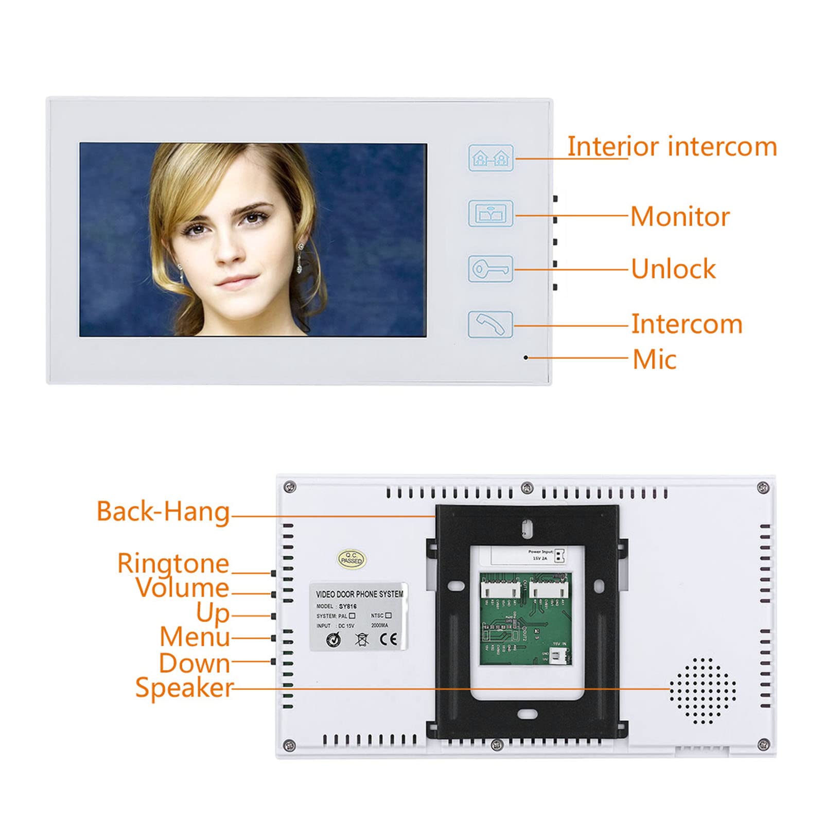 Sistema Videocitofono da 7 Pollici, Videocitofono Campanello Video HD LCD Vivavoce Monitor Videocitofono, Monitor Password Identificazione Impronte Digitali TFT Cablato con Visione Notturna per la(#1)