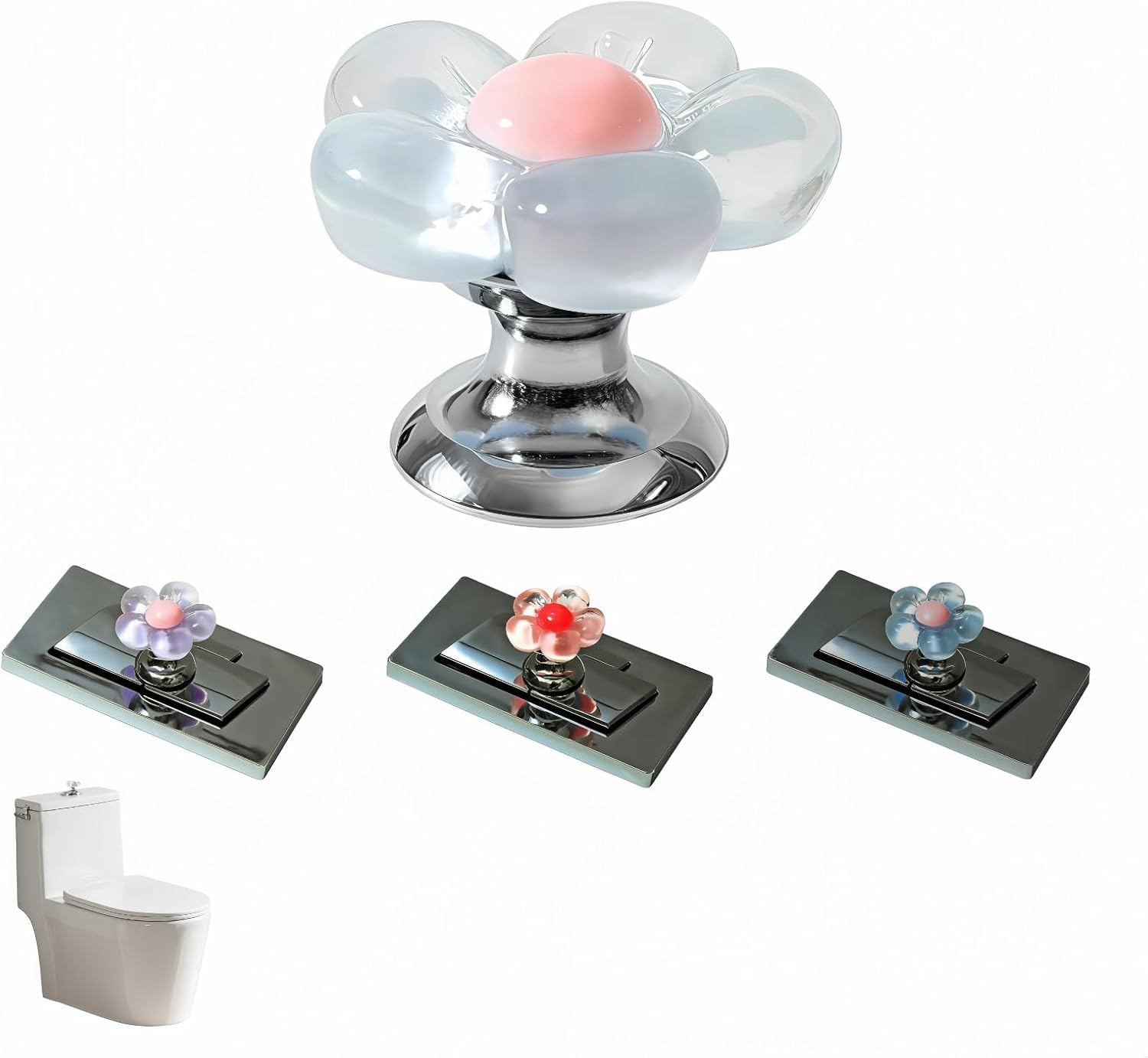 BUBBLE-FLY Flower Toilet Button Press for Long Nails, Universal Flush Sticker, No-Touch Sanitary Adhesive for Bathroom-Cute Cabinet Pull Handle for Girls 4 Pack