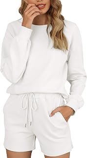 Women's Pajama Set Cozy Cotton Loungewear Shorts Long Sleeve Sleepwear Pjs with Pockets