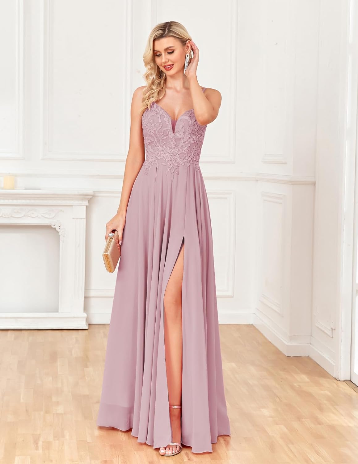ForElise Long Formal Dresses for Women Chiffon Lace Appliques Evening Party Gowns Cocktail Dress
