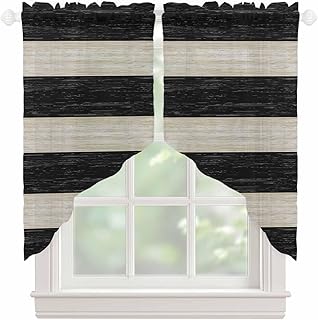 Black White Striped Swag Valances for Windows, Farmhouse Vintage Shabby Chic Wood Grain Rod Pocket Sheer Valances for Windows, Swag Toppers Light Filtering for Kitchen Living Room 2 Panels 28''x36''