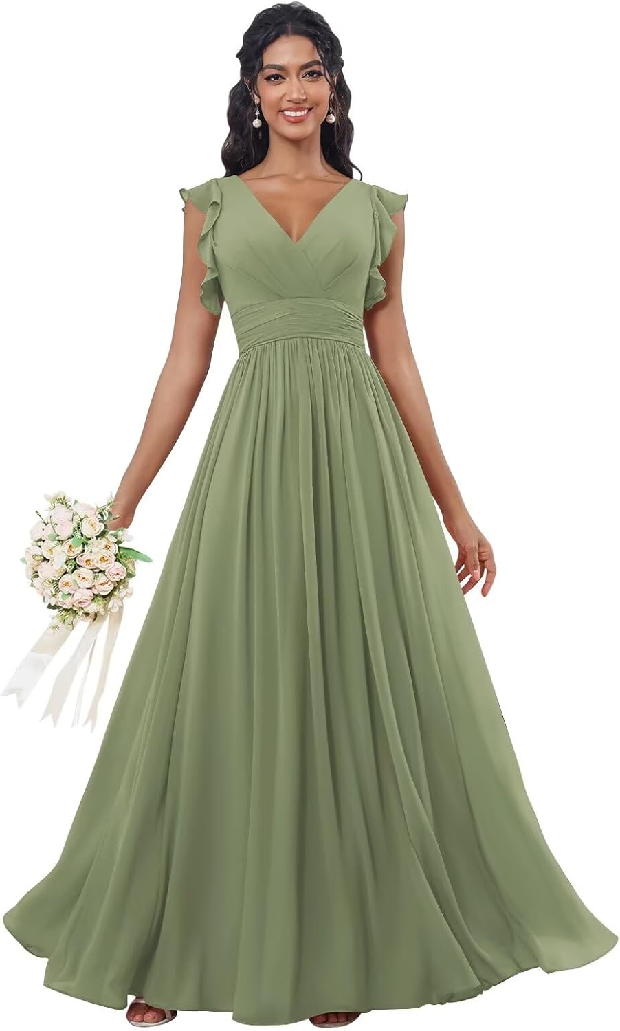 Maxianever Bridesmaid Dresses Chiffon Ruffled Sleeve Long A Line V Neck Formal Dress for Women