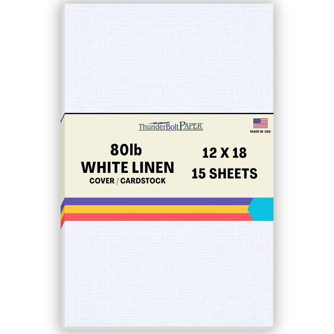 15 White Linen 80# Cover Paper Sheets - 12" X 18" (12X18 Inches) Large|Poster Size - 80 lb/pound Card Weight - Fine Linen Textured Finish - Quality